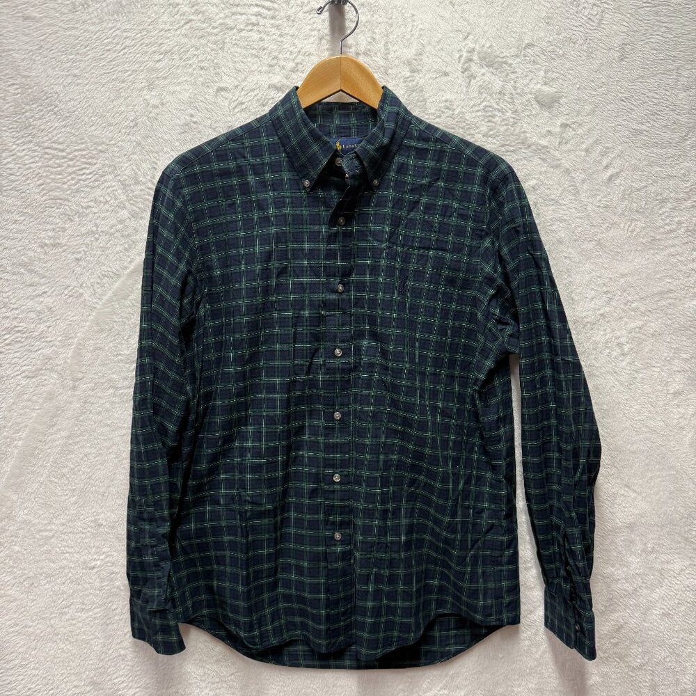 Ralph Lauren Flannel Shirt Men Medium Green Plaid Cotton Classic Fit Button Down